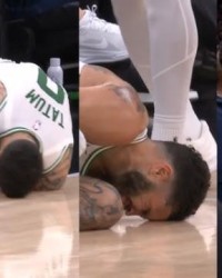 jiuyou.com-塔图姆遭小萨垫脚 幸无大碍！离场未穿着保护靴